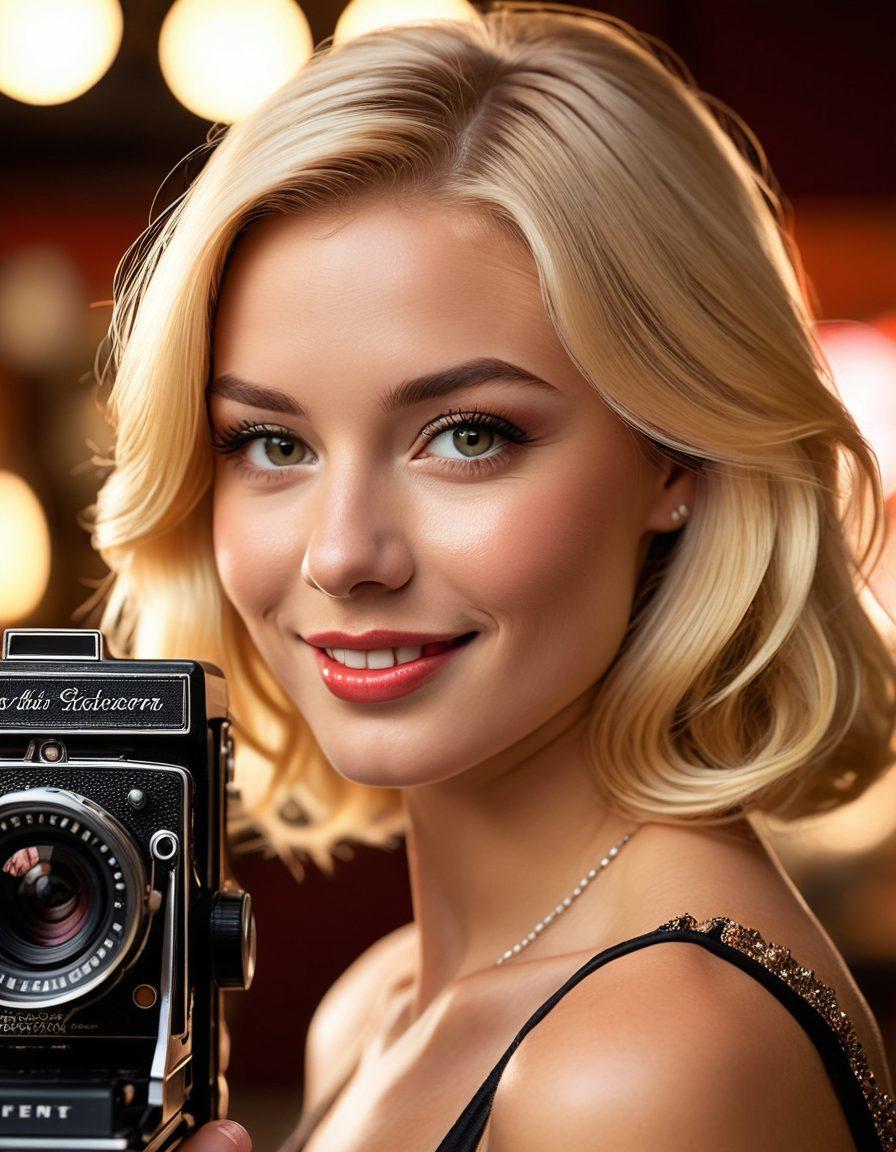 A striking close-up of a vintage camera focused on a blonde model with a confident smile, surrounded by soft, diffused lighting that highlights her features. In the background, blurred silhouettes of a bustling adult film set, capturing the dynamic and diverse nature of the industry. The color palette includes warm tones, with hints of glamour and sophistication. The ambiance should evoke a sense of intrigue and professionalism in the adult film world. super-realistic. vibrant colors. cinematic lighting.